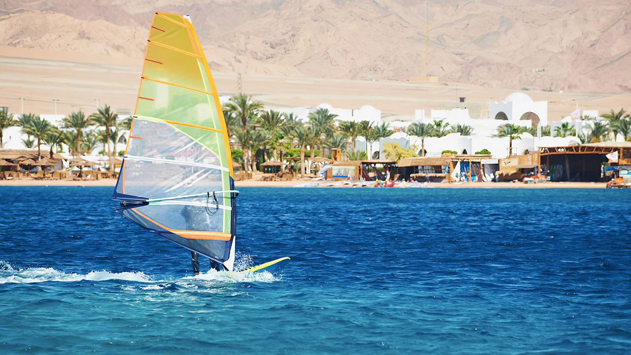 <strong>Windsurfing: </strong>Located about an hour's drive north of Sharm El Sheikh along the Gulf of Aqaba, Dahab is the holy grail of Egyptian windsurfing. 