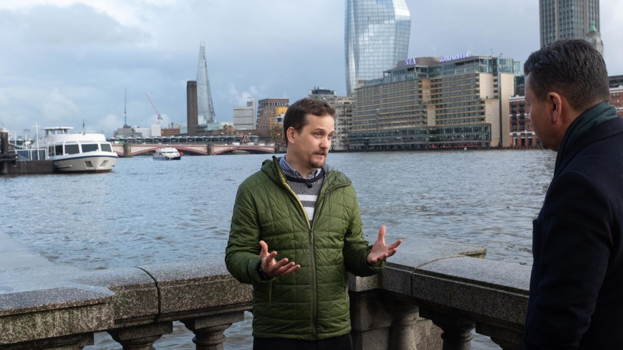 The oceanographer Ivan Haigh speaks to CNN along the River Thames.