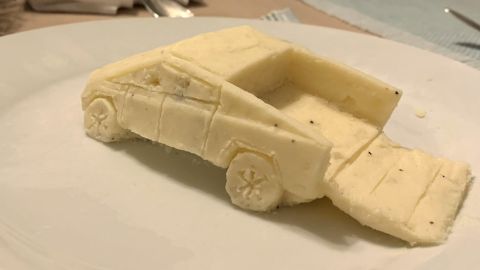 30-year-old Greg Milano created a minitature Tesla Cybertruck with homemade mashed potatoes.
