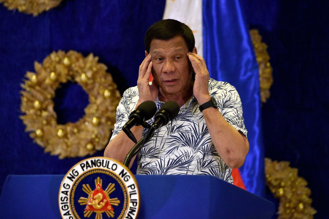 Philippines President Rodrigo Duterte gestures during a press conference in Manila on November 19, 2019. 