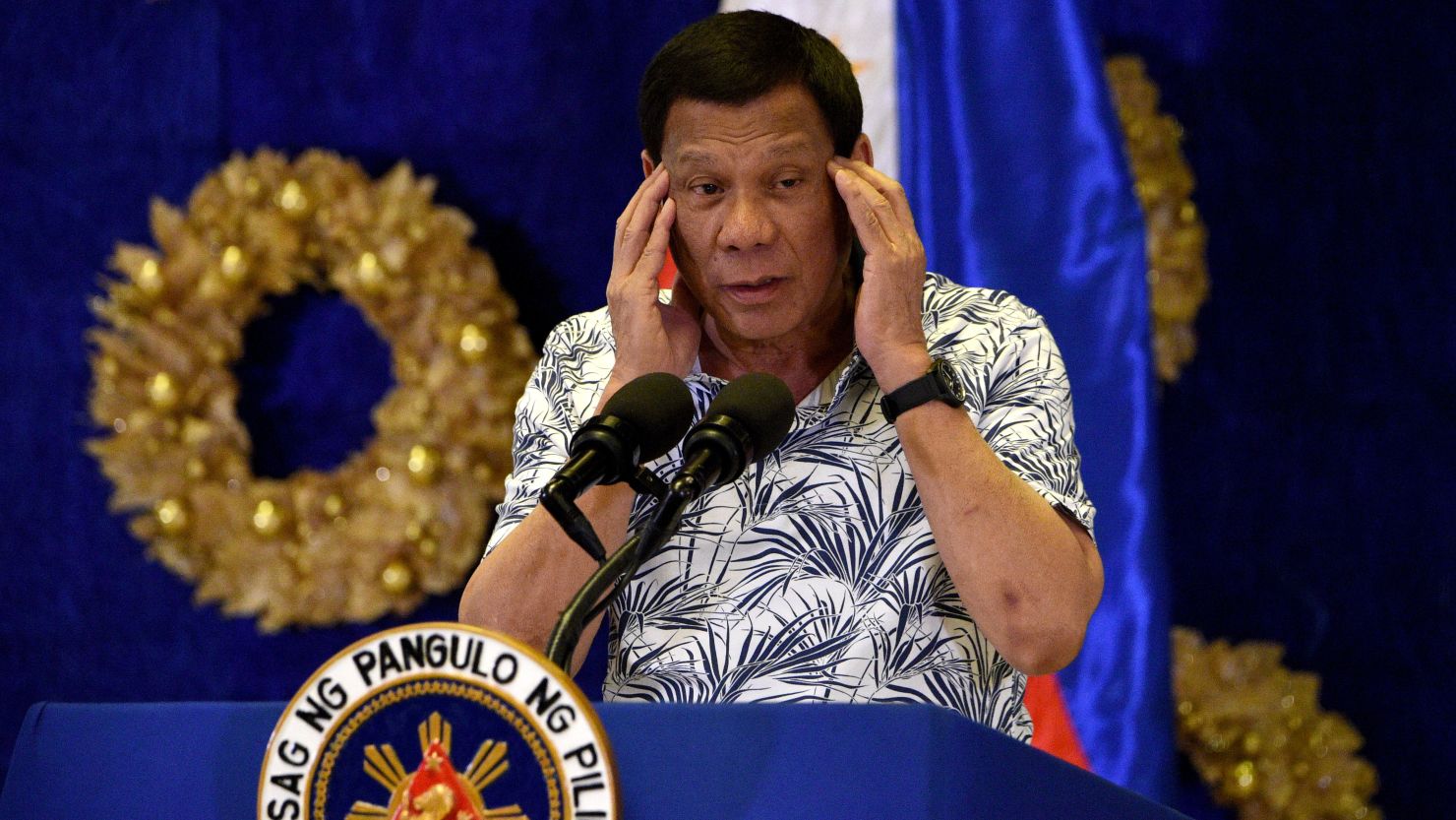 Philippines President Rodrigo Duterte gestures during a press conference at Malacanang Palace in Manila on November 19, 2019. 