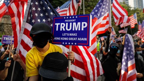Protesters stage a rally outside the US Consulate in Hong Kong on Sunday, December 1. Hundreds gathered Sunday afternoon outside the US Consulate for another pro-US rally to show support for President Trump after he signed the Hong Kong Human Rights and Democracy Act into law.