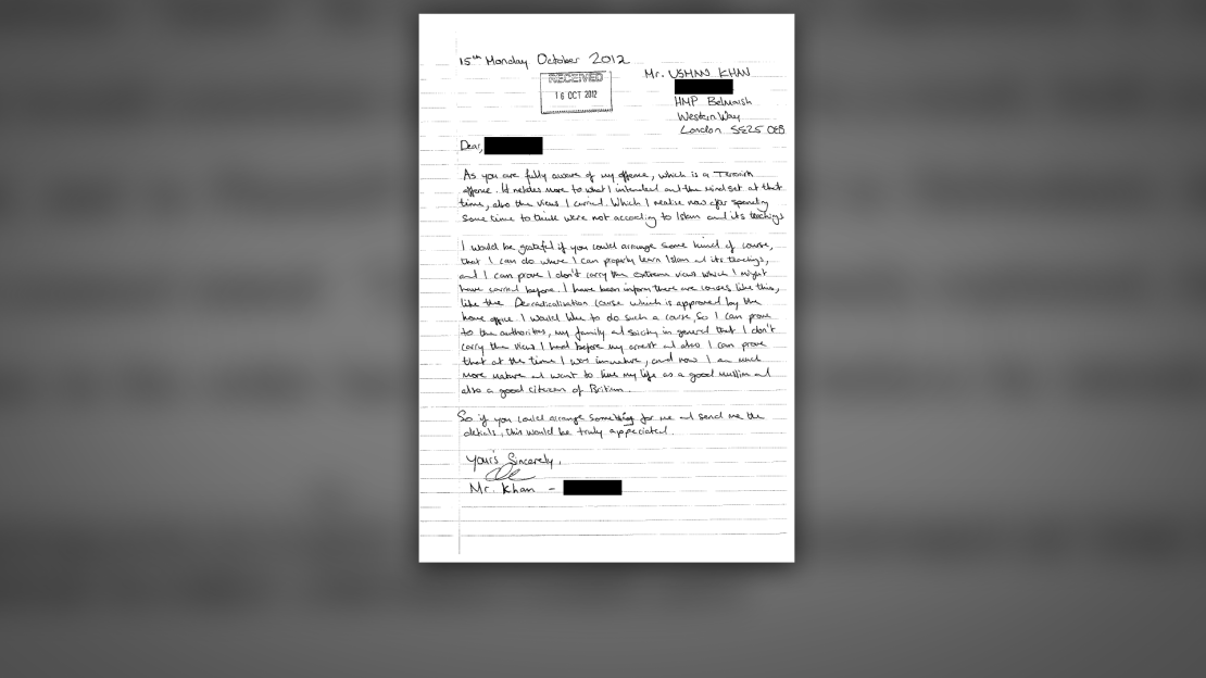 A letter, written by London Bridge attacker Usman Khan, in October 2012.