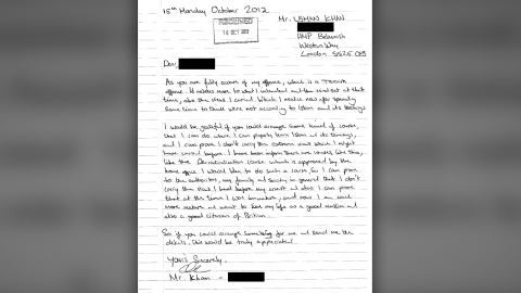A letter, written by London Bridge attacker Usman Khan, in October 2012. 