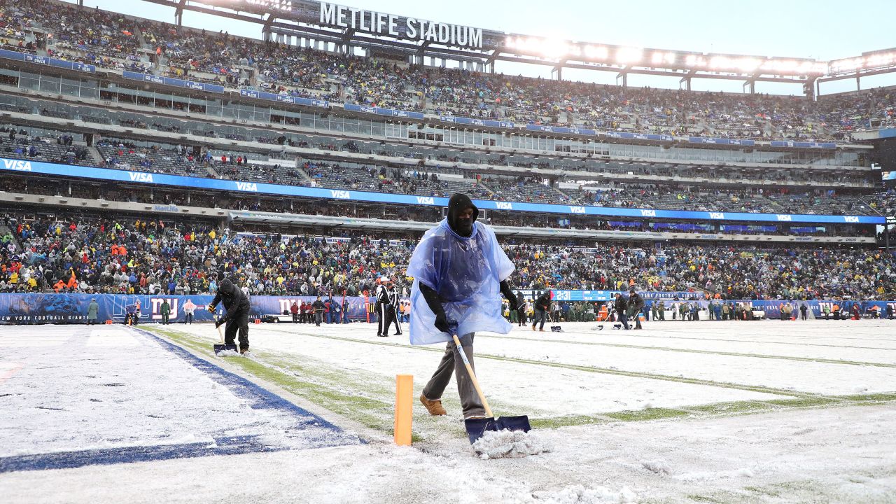The MetLife Stadium field crew had a busy day shoveling snow at