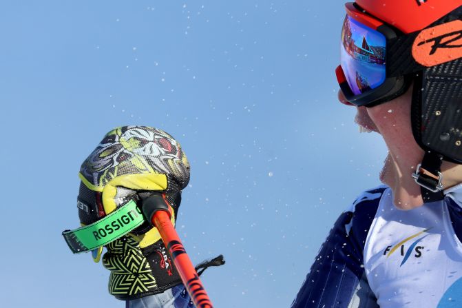 Federica Brignone of Italy celebrates after crossing the finish line in second place in the Women's Giant Slalom during the Audi FIS Ski World Cup - Killington Cup on November 30 in Killington, Vermont. 