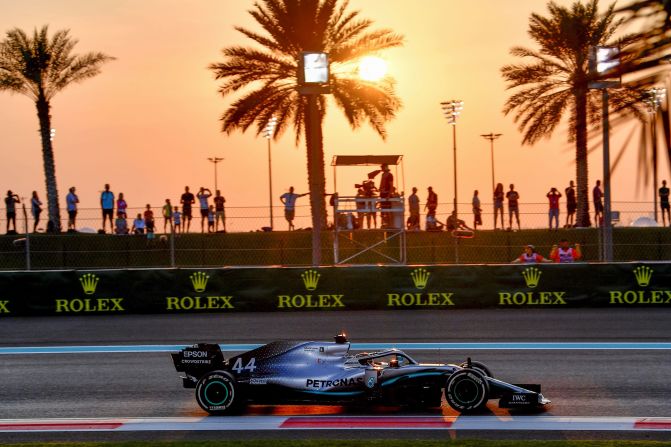 Mercedes' British driver Lewis Hamilton steers his car during the second practice session at the Yas Marina Circuit in Abu Dhabi, two days ahead of the final race of the season on November 29.