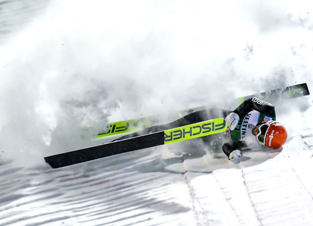 Markus Eisenbichler of Germany crashes during the qualification round at the Men's Large Hill Individual event of the FIS Ski Jumping World Cup in Ruka, Finland, on November 29.