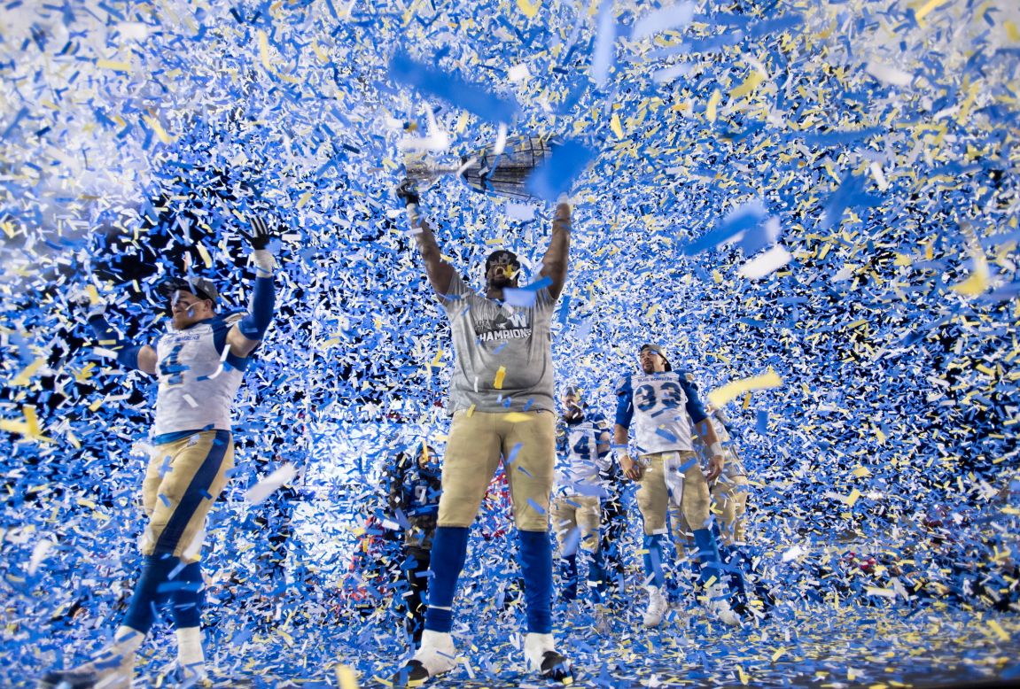 The Winnipeg Blue Bombers celebrate winning the Grey Cup CFL football championship against the Hamilton Tiger Cats in Calgary, Alberta, on November 24.