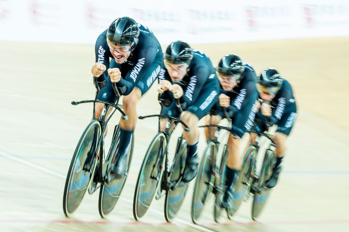 Campbell Stewart, Dylan Kennett, Nicholas Kergozou and Corbin Strong of New Zealand compete in the qualifying of the Men's Team Pursuit during the day one of the UCI Track Cycling World Cup at Hong Kong Velodrome on November 29.