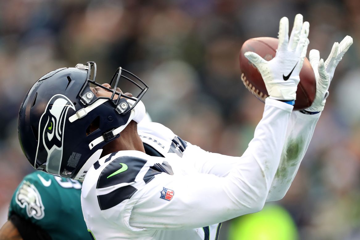 Malik Turner of the Seattle Seahawks catches a first quarter touchdown pass against the Philadelphia Eagles at Lincoln Financial Field on November 24.