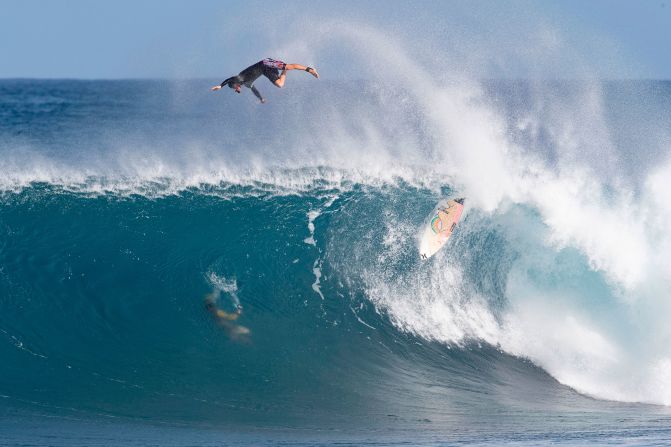 A surfer wipes out during the Vans World Cup of Surfing on the north shore of Oahu on November 27.