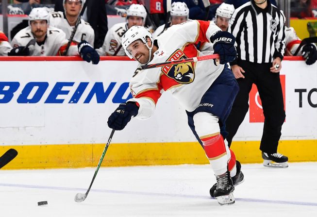 Florida Panthers defenseman Aaron Ekblad breaks his stick against the Washington Capitals at Capital One Arena in Washington on November 27.
