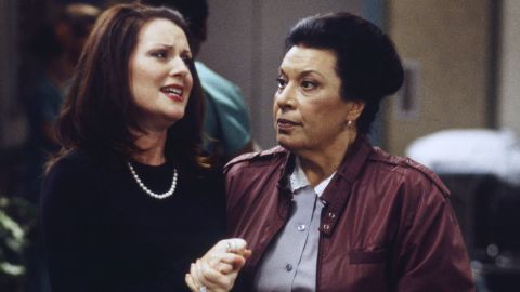 Megan Mullally as Karen Walker and Shelley Morrison as Rosario Salazar in an episode of Will and Grace in 2000.