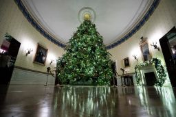 The official White House Christmas tree is decorated in the Blue Room during the 2019 Christmas preview at the White House, Monday, December 2, 2019, in Washington. 