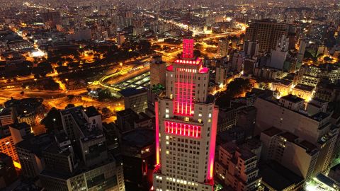 Colored building in downtown of São Paulo, Brazil. Santander's Lighthouse, ancient Banespa's bank. Great night cityscape; Shutterstock ID 1355697893; Job: CNN Travel; Producer: Natalie Yubas