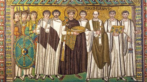 A mosaic featuring Justinian 1, center, who was the emperor of the Eastern Roman Empire at the time of the plague outbreak.