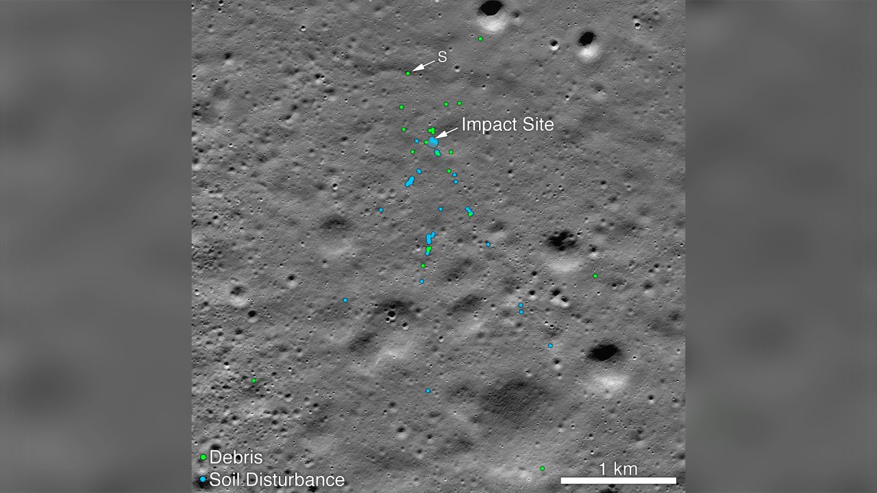This image shows the Vikram Lander impact point and associated debris field.