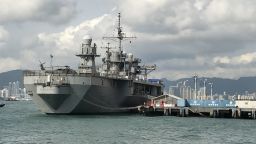 The USS Blue Ridge, the flagship of the US Navy's 7th Fleet, makes a port call in Hong Kong in April 2019