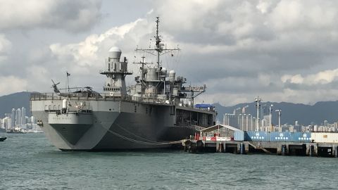 The USS Blue Ridge, the flagship of the US Navy's 7th Fleet, makes a port call in Hong Kong in April 2019.
