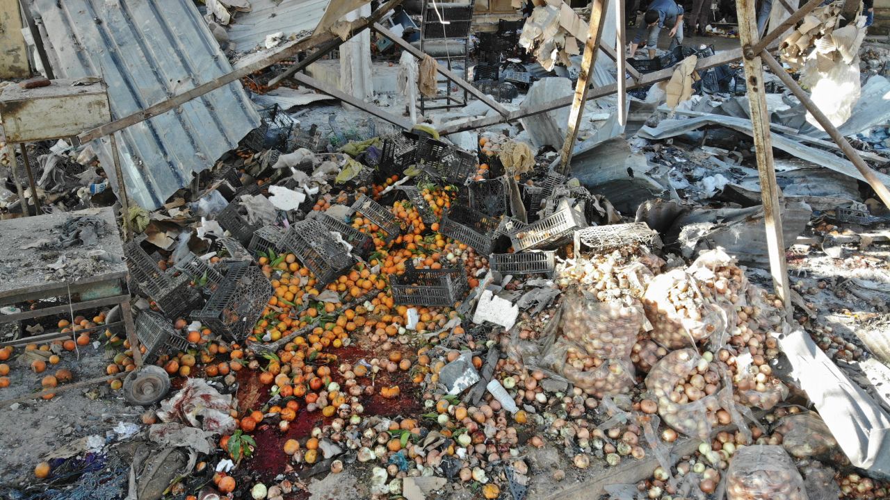 An aerial view shows the destruction following a regime airstrike on a market in Maarat al-Numan.