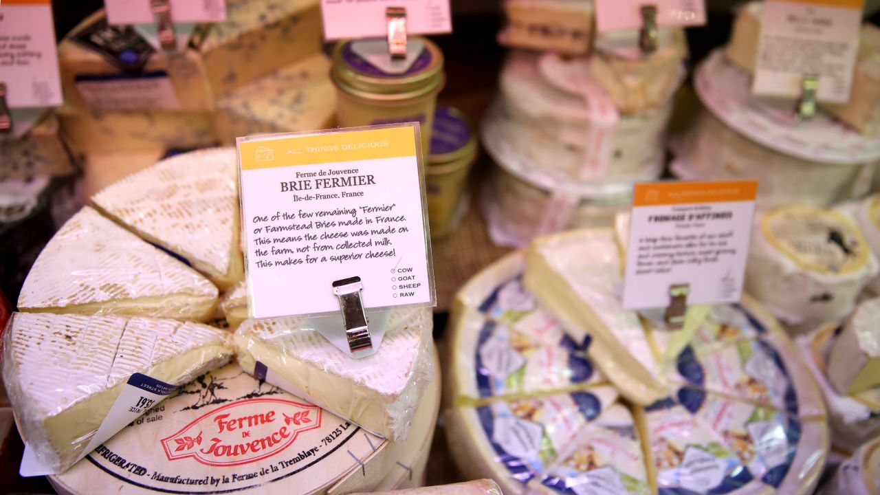 Cheese imported from France is displayed in San Francisco, California.