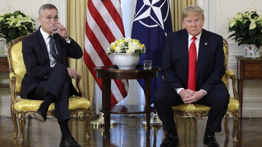 U.S. President Donald Trump meets NATO Secretary General, Jens Stoltenberg at Winfield House in London, Tuesday, Dec. 3, 2019. US President Donald Trump will join other NATO heads of state at Buckingham Palace in London on Tuesday to mark the NATO Alliance's 70th birthday. (AP Photo/Evan Vucci)