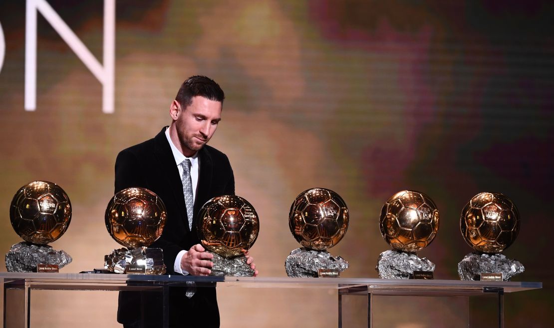 Barcelona's Lionel Messi reacts after winning his sxith Ballon d'Or award.