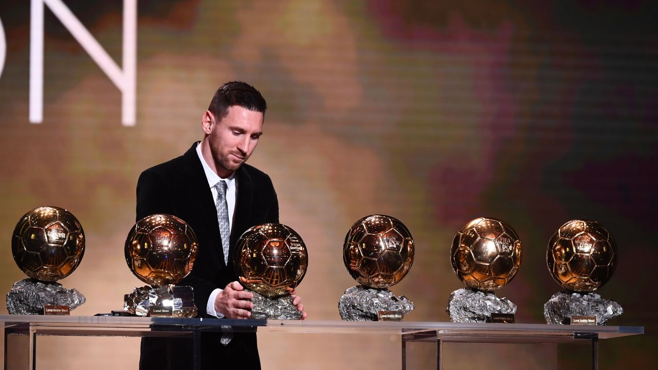 Barcelona's Lionel Messi reacts after winning his sxith Ballon d'Or award.