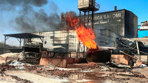 A burning gas tank at the scene of the fire at an industrial zone in Sudan's north Khartoum on Tuesday.