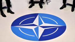 The Nato logo is pictured during a panel discussion at an official NATO outreach event, 'Nato Engages' in central London on December 3, 2019, prior to the NATO alliance summit. - NATO leaders gather Tuesday for a summit to mark the alliance's 70th anniversary but with leaders feuding and name-calling over money and strategy, the mood is far from festive. (Photo by Tobias SCHWARZ / AFP) (Photo by TOBIAS SCHWARZ/AFP via Getty Images)