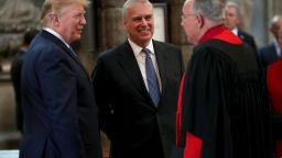 Prince Andrew, Duke of York smiles with US President Donald Trump (L) during the visit to Westminster Abbey on June 03, 2019 in London, England.