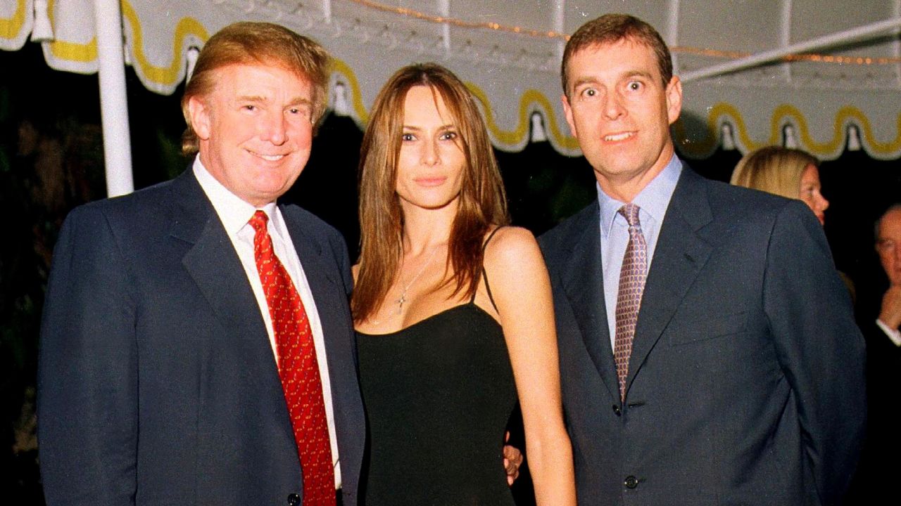 US President Donald Trump, First Lady Melania Trump and Britain's Prince Andrew at the Mar-a-Lago estate, Palm Beach, Florida on February 12 in 2000.
