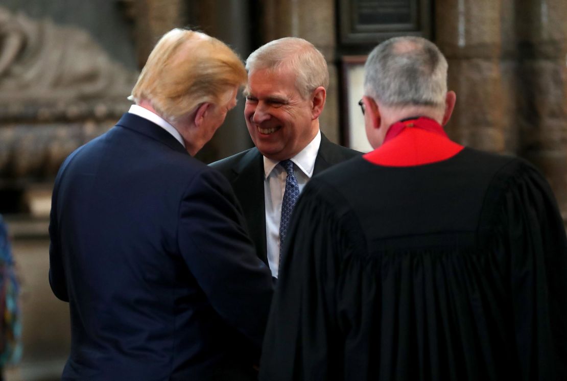 Prince Andrew, Duke of York smiles and shakes hands with US President Donald Trump during the visit to Westminster Abbey on June 03, 2019 in London, England.