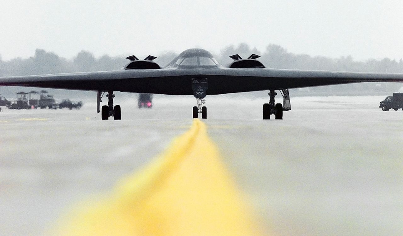A B-2 Spirit Stealth Bomber named "Spirit of Alaska" at Whiteman Air Force Base.