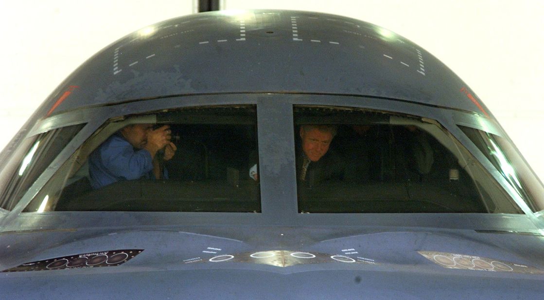Former US President Bill Clinton aboard a B-2 bomber called "The Spirit of Indiana" at Whiteman base in Missouri.