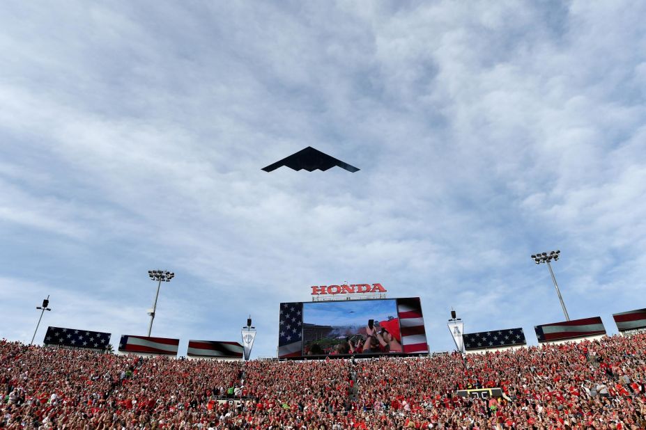 B-2s are occasionally used for flyovers, such as this one before the 2018 College Football Playoff Semifinal at the Rose Bowl Game in Pasadena, California.  