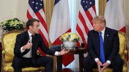 US President Donald Trump (R) talks with France's President Emmanuel Macron during their meeting at Winfield House, London on December 3, 2019. - NATO leaders gather Tuesday for a summit to mark the alliance's 70th anniversary but with leaders feuding and name-calling over money and strategy, the mood is far from festive. (Photo by ludovic MARIN / POOL / AFP) (Photo by LUDOVIC MARIN/POOL/AFP via Getty Images)