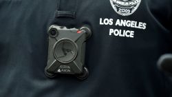 A Los Angeles Police Department officer wears a body camera, June 11, 2017 in Hollywood, California.