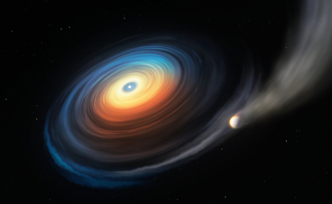 The white dwarf is stripping away the atmosphere of the ice giant planet orbiting it.