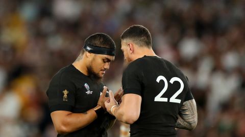 Sonny Bill Williams and Ofa Tuungafasi say a prayer following New Zealand's Rugby World Cup semifinal. 