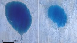 Unmanned Aerial Vehicle (UAV, or 'drone') imagery captured the lake drainage in unprecedented detail. The image on the left was taken at ~13:00: five hours later, the lake started to drain, and by 02:00 (right), had lost 5 million cubic metres of water, or two-thirds of its volume.