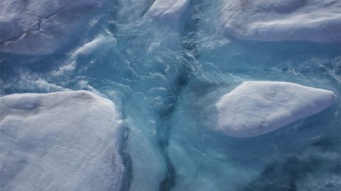 A meltwater lake on the Greenland ice sheet as viewed from a drone