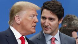 U.S. President Donald Trump, left, and Canadian Prime Minister Justin Trudeau talk prior to a NATO round table meeting at The Grove hotel and resort in Watford, Hertfordshire, England, Wednesday, Dec. 4, 2019. As NATO leaders meet and show that the world's biggest security alliance is adapting to modern threats, NATO Secretary-General Jens Stoltenberg is refusing to concede that the future of the 29-member alliance is under a cloud. (AP Photo/Frank Augstein)