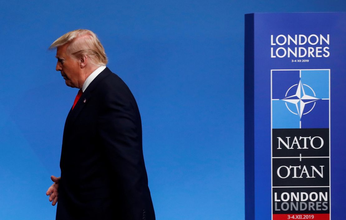 US President Donald Trump arrives for the NATO summit at the Grove hotel in Watford, northeast of London, on Wednesday, December 4.