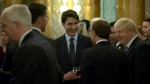 This grab made from a video shows Dutch Prime Minister Mark Rutte (L), French President Emmanuel Macron (front),  British Prime Minister Boris Johnson (R) and Canada's Prime Minister Justin Trudeau (back-C) as they were caught on camera at a Buckingham Palace reception appearing to joke about US President Donald Trump's lengthy media appearances ahead of the NATO summit on Tuesday, December 3, in London.