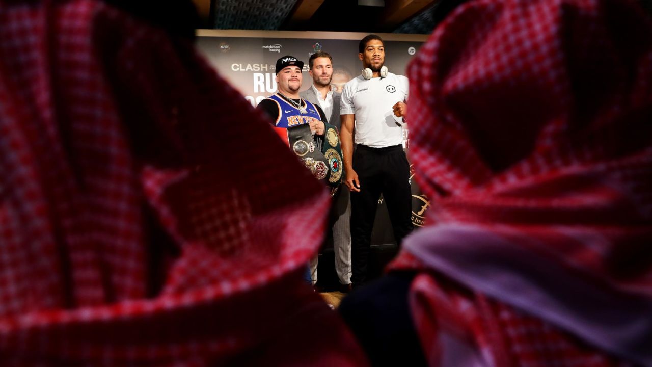Andy Ruiz Jr. (left) and Anthony Joshua (right) at the "Clash on the Dunes" press conference.