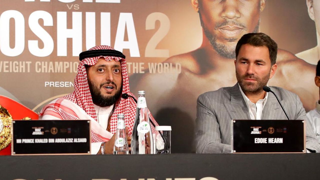 HH Prince Khalid Bin Abdulaziz Al Saud and Eddie Hearn during the fight's press conference.