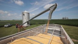 Farmer John Duffy loads soybeans from his grain bin onto a truck before taking them to a grain elevator on June 13, 2018 in Dwight, Illinois. 
