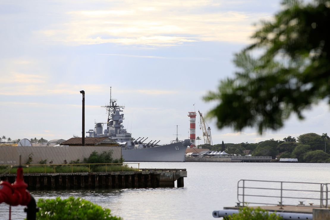 The Battleship Missouri Memorial, seen from Pearl Harbor National Memorial.